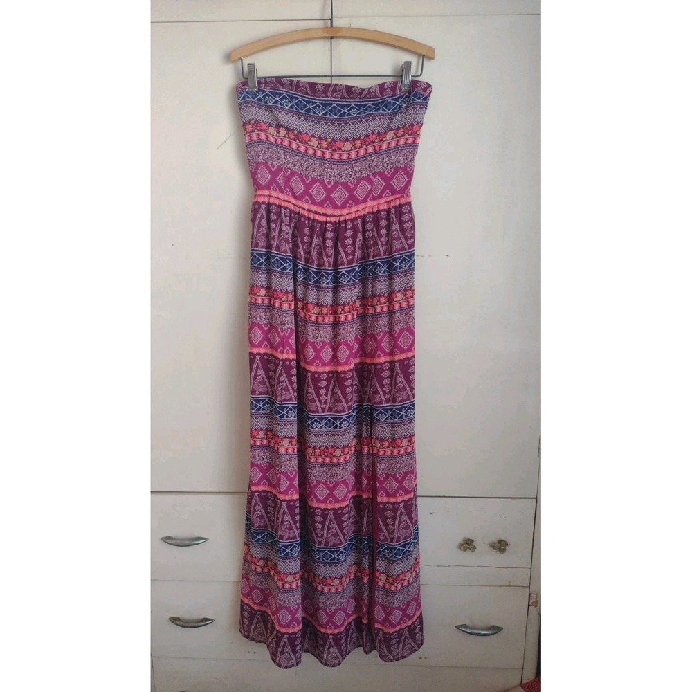 Hollister Strapless Dress Smocked Bodice Boho Tribal Geo Print Maxi Sz M Resort